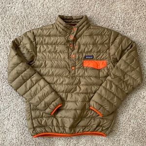 Patagonia Snap T Duck Down 1/4 Snap Pullover Puffer Brown Orange Mens S